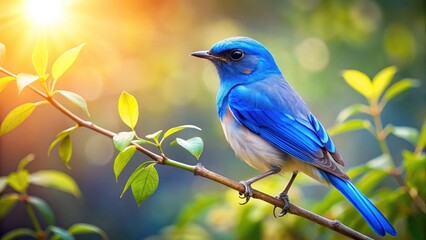 Fototapeta premium Blue Bird on a Branch - Vibrant Nature Photography, Colorful Avian Wildlife, Peaceful Outdoor Scene, Ideal for Nature Lovers and Birdwatching Enthusiasts, Captivating and Serene Backgrounds