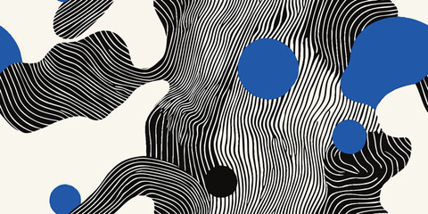 Abstract black and white line pattern with blue accents on white background, organic shapes, fluid lines, minimalist design, Seamless vector pattern