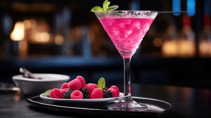 A pink cocktail garnished with mint leaves and served in a martini glass on a black tray, accompanied by a plate of fresh raspberries and blackberries.