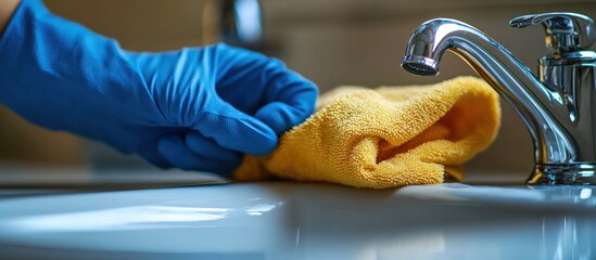 Gloved hand cleaning bathroom sink