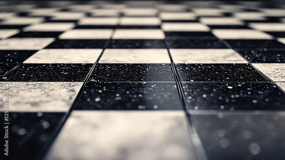 Poster black and white checkered floor tiles extending into distance