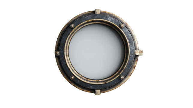 Old round metal porthole showing white background on transparent background