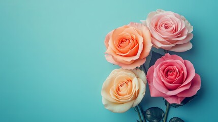 Vibrant Arrangement of Three Lush Pink and Orange Roses Set Against a Striking Blue Background Showcasing Natural Beauty and Elegance in Floral Design Capturing Essential Aesthetic Charm