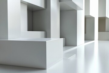 Abstract White Cubic Architecture with Dynamic Light and Shadow, Minimalist Interior Design, Geometric Arrangement with Bright Illumination
