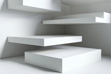Minimalist White Geometric Platforms in Abstract Space, Simple Cubic Forms in Clean Modern...