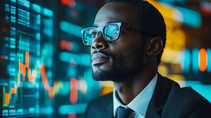 Focused Man with Glasses Engaged in Work at Computer Screen Surrounded by Office Equipment Creating a Productive and Determined Atmosphere for Professional Endeavors and Tasks