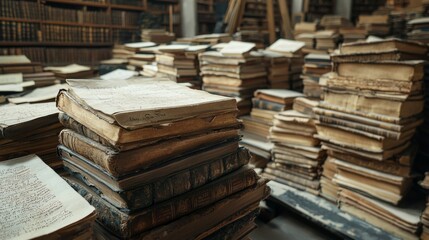 Antique Books Stacked in an Old Library with Wooden Shelves