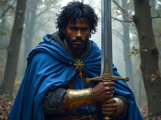 Obraz premium Illustration of a medieval knight's squire wearing a blue cape holding his master's sword, forest background