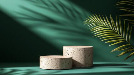 3D background, stone podium display, palm leaf shadow on dark green. Cosmetic, beauty product promotion mock up. Nature pedestal set. Tropical minimal studio banner, abstract 3D render illustration