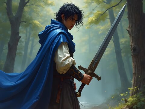 Illustration of a medieval knight's squire wearing a blue cape holding his master's sword, forest background