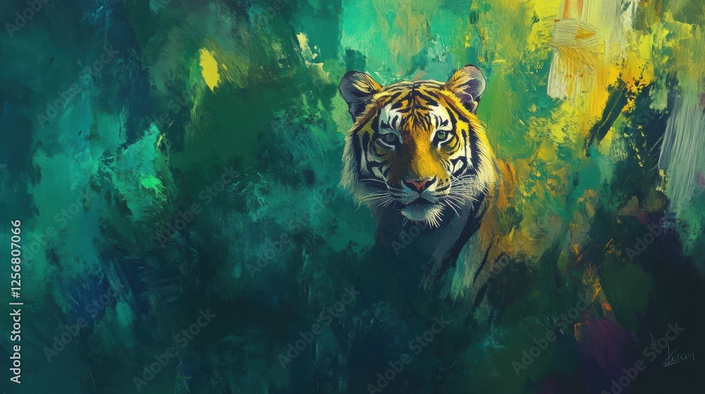 Leinwandbilder vibrant impressionist portrait of a tiger in a colorful jungle setting with space for text. generati