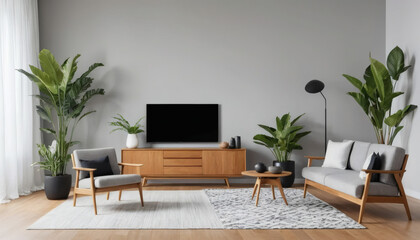Fototapeta premium Interior mock up living room. cabinet for TV or place object in modern living room with lamp,table,flower and plant. AI Generative.