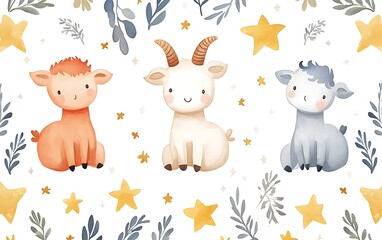 Naklejka premium Cute goats, floral pattern, whimsical background, digital art, children's decor
