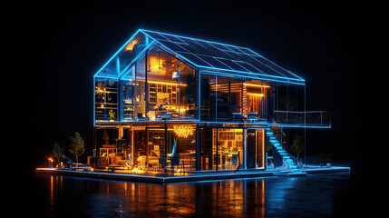 modern smart home illuminated with neon lights, featuring energy efficient appliances and solar panels, showcasing futuristic design
