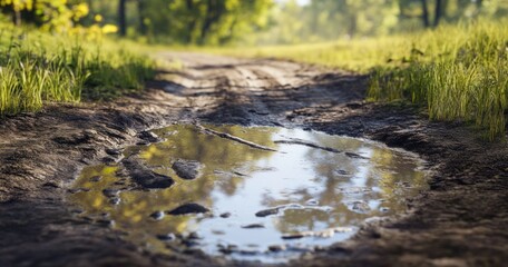 Fototapeta premium Muddy Puddle Reflections on a Country Road