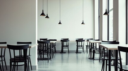 Modern Minimalist Cafe Interior with Empty Tables and Pendant Lights