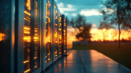 Sustainable energy storage system with glowing panels at sunset, showcasing innovation and eco friendliness