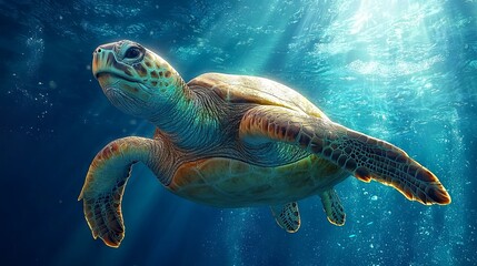 Fototapeta premium Graceful Sea Turtle Swimming in Clear Waters