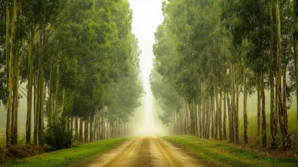 Fototapeta premium Tranquil Tree-Lined Pathway Through Misty Eucalyptus Forest