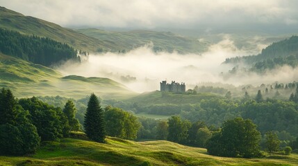 Mystical Landscape with Castle Surrounded by Fog and Lush Greenery