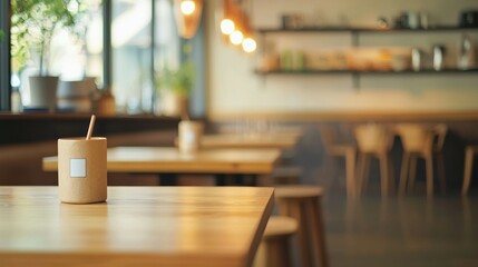 Cozy caf&eacute; interior with wooden tables and minimalist decor