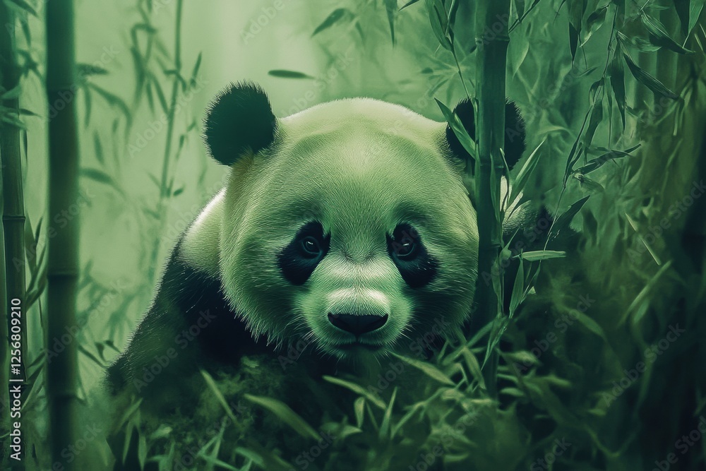 Poster panda portrait in a lush bamboo forest with ample space for adding text later. generative ai