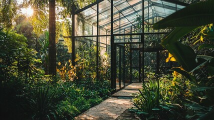 Obraz premium Serene Greenhouse Surrounded by Lush Foliage in Bright Sunlight