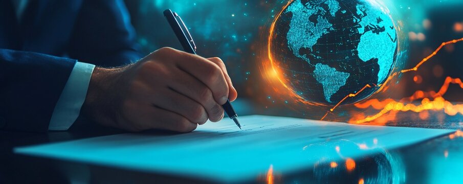Businessman signing international contract with digital globe hologram - Powered by Adobe