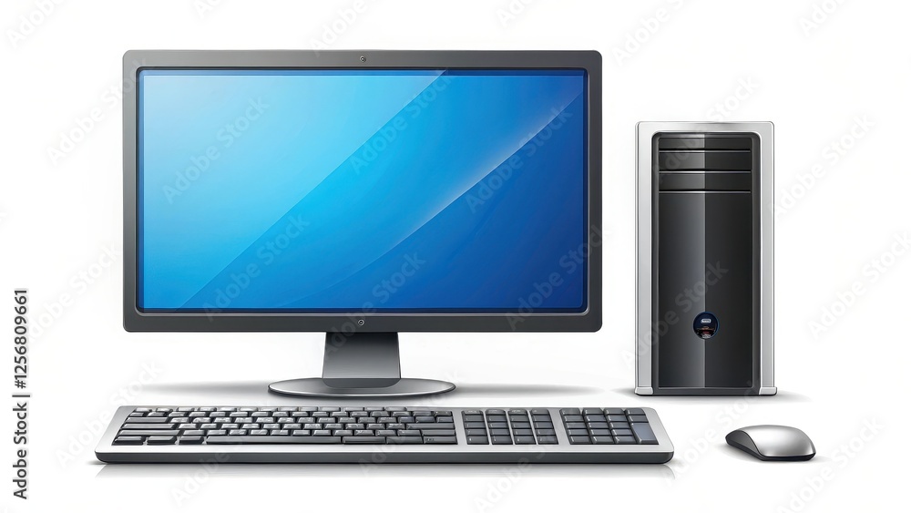 Poster desktop computer system on white background