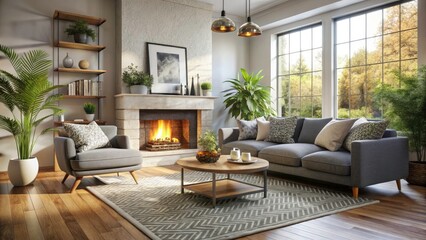 Fototapeta premium Cozy Contemporary Living Room with Fireplace and Soft Grey Sofa, Perfect for Relaxation and Home Decor Inspiration