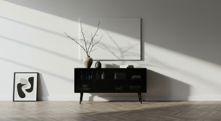 Minimalist interior, Scandinavian design, black sideboard, bare tree branch vase, framed abstract art, wooden floor, dramatic shadows, sunlight streaming, white walls, clean lines, monochrome palette,