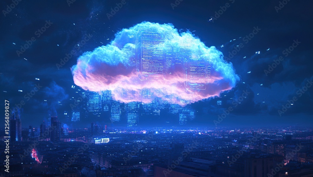 Poster digital cloud data processing above city nightscape: futuristic computing in urban environments
