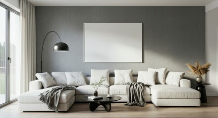 Minimalist living room, gray modular sofa, white walls, arched floor lamp, abstract art, potted plant, textured throw blanket, neutral tones, modern interior design, soft lighting, clean lines, cozy a