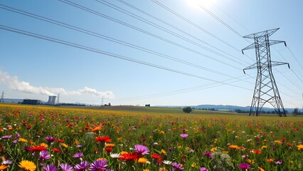 High-voltage power lines stretching across a field of wildflowers with a distant power plant emitting smoke under a bright sun
