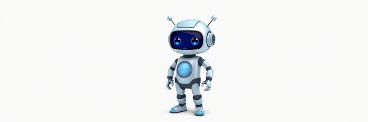 Blue cartoon robot with a friendly face and shiny metallic body, standing tall and isolated on a...