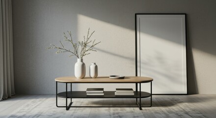 Minimalist living room, sunlit interior, wooden coffee table, metal frame, white vase with branches, empty picture frame, textured gray wall, dramatic shadows, clean lines, modern design, Scandinavian
