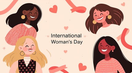 Diverse Group of Women Smiling at Camera on Light Pink Background Celebrating International Woman's Day with Ribbons and Heart-Shaped Patterns
