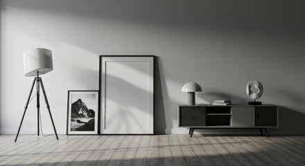 Industrial loft interior, minimalist workspace, white brick wall, large window, natural light, black desk, adjustable desk lamp, framed artwork, floating shelves, monochromatic color scheme, shadow pl