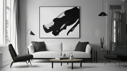Modern Minimalist Living Room with Black and White Artwork Display