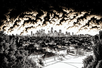 Fototapeta premium Smoke and fire in the mountains, thousands of acres burning, city on fire, burning hills, fire