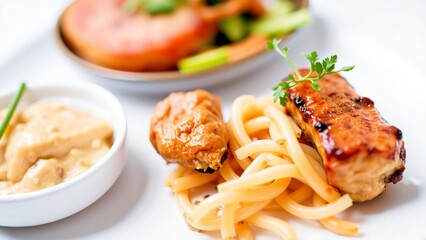 Gourmet Asian-Fusion Dish Glazed Salmon with Noodles and Dipping Sauce