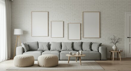 Minimalist living room, gray sectional sofa, round ottoman poufs, white walls, three blank picture frames, modern floor lamp, potted plant, neutral color palette, Scandinavian design, clean lines, tex