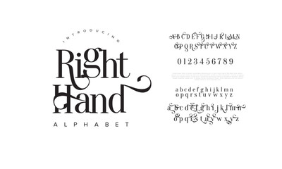Righthand typography beauty fashion elegant minimalist serif italic fonts decorative wedding vintage retro logos. Minimal luxury font alphabet logo. Vector illustration