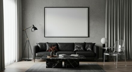 Modern living room, minimalist design, gray tones, large white canvas on wall, black leather sectional sofa, floor lamp, curtains, coffee table, hardwood flooring, neutral color palette, spacious inte