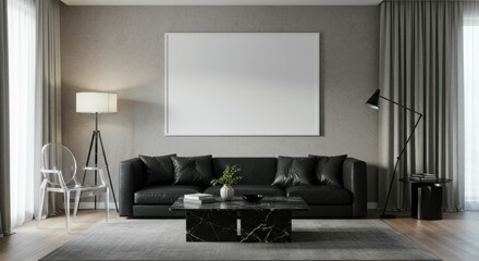 Modern living room, minimalist design, gray tones, large white canvas on wall, black leather sectional sofa, floor lamp, curtains, coffee table, hardwood flooring, neutral color palette, spacious inte