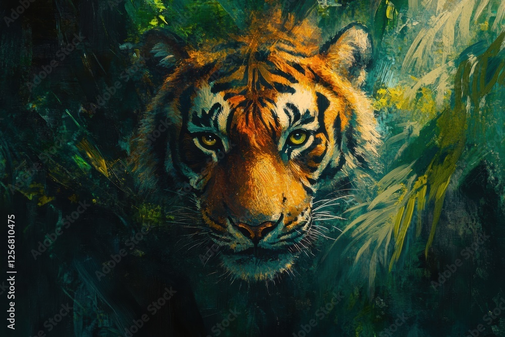 Leinwandbilder impressionist tiger portrait in vibrant jungle setting with space for text. generative ai