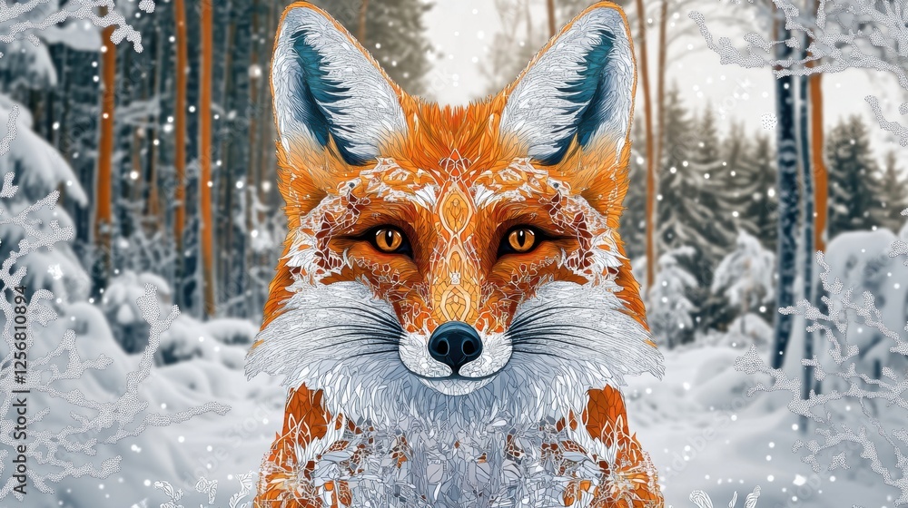 Fototapete mosaic fox portrait featuring intricate tessellated patterns in a snowy forest background. generativ