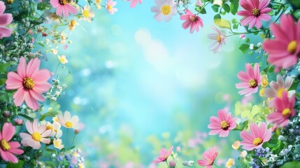 Vibrant pink and white cosmos flowers frame a soft blue background. Ideal for spring themes, greeting cards, or feminine designs.