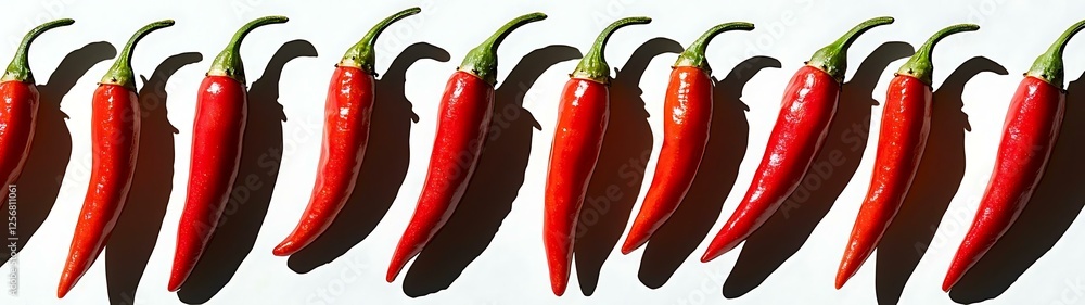 Poster red scorching sichuan vibrant red chilies arranged in a straight line creating shadows on a white ba