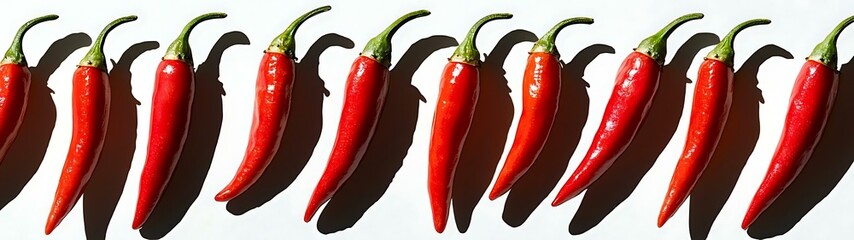 Red scorching sichuan Vibrant Red Chilies Arranged in a Straight Line Creating Shadows on a White Background